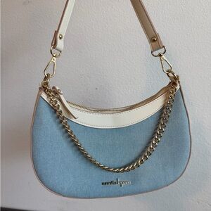 Nanette Lepore Light Blue and Cream Crescent Shoulder Bag with Gold Chain